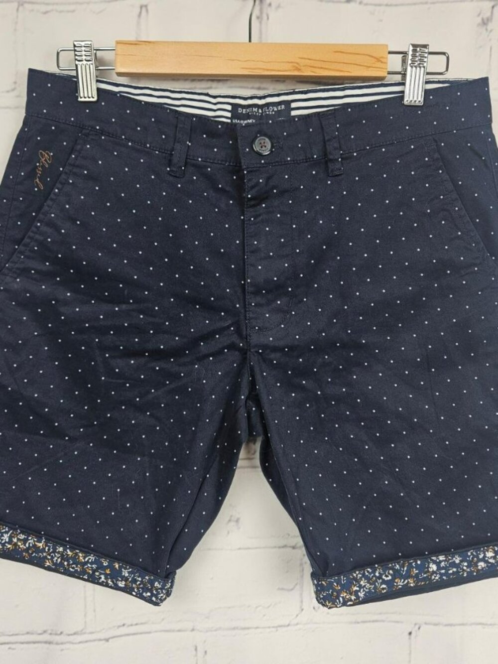 Denim & Flower Mens S 30 Ricky Singh Navy Blue Polka Dot Shorts Beachy Vacation
